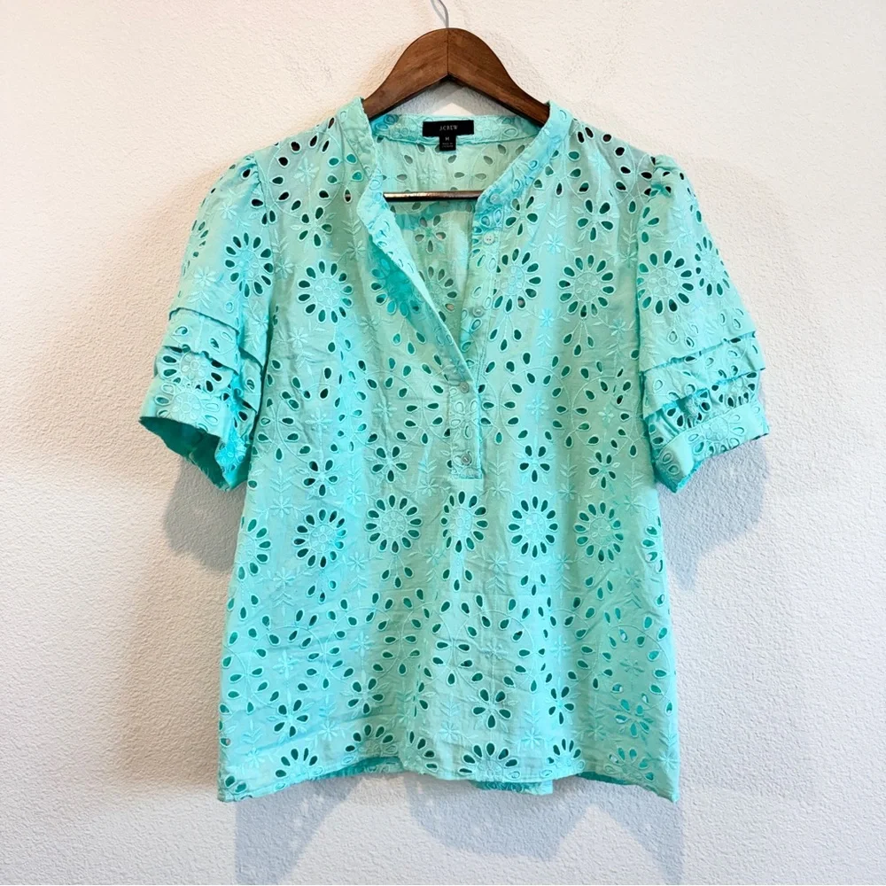 J.Crew Puff-Sleeve Eyelet Popover Top Mint Green Teal Romantic Cottagecore EUC